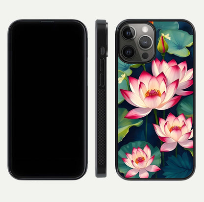 Lotus Dream Serenity Glass Case for iPhone 12 Pro Max front & back layout with elegant finish and edge curve
