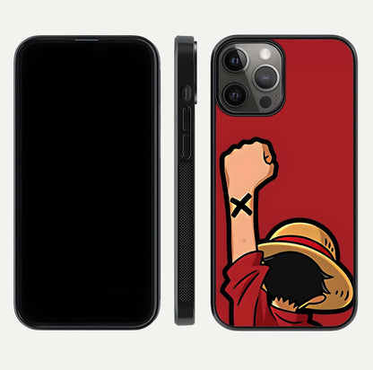 Luffy X Spirit Glass Case for iPhone 12 Pro Max front & back layout displaying anime theme and curved edges