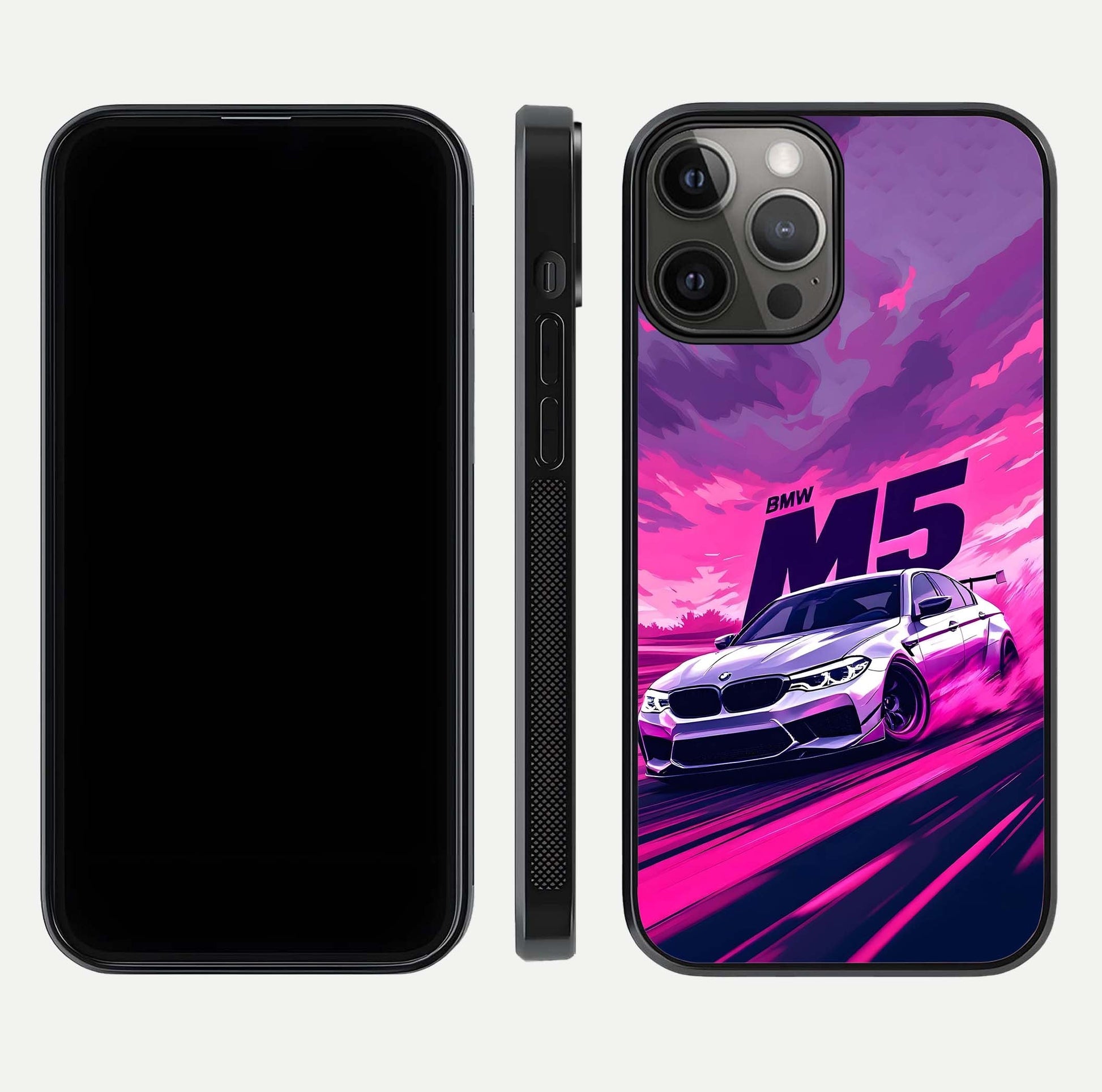 MS Neon Car Glass Case for iPhone 12 Pro Max front & back layout highlighting automotive art and curved design