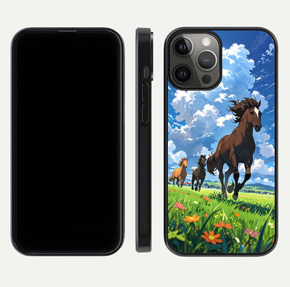 Majestic Horses Galloping Glass Case for iPhone 12 Pro Max front & back layout highlighting dynamic design and edges