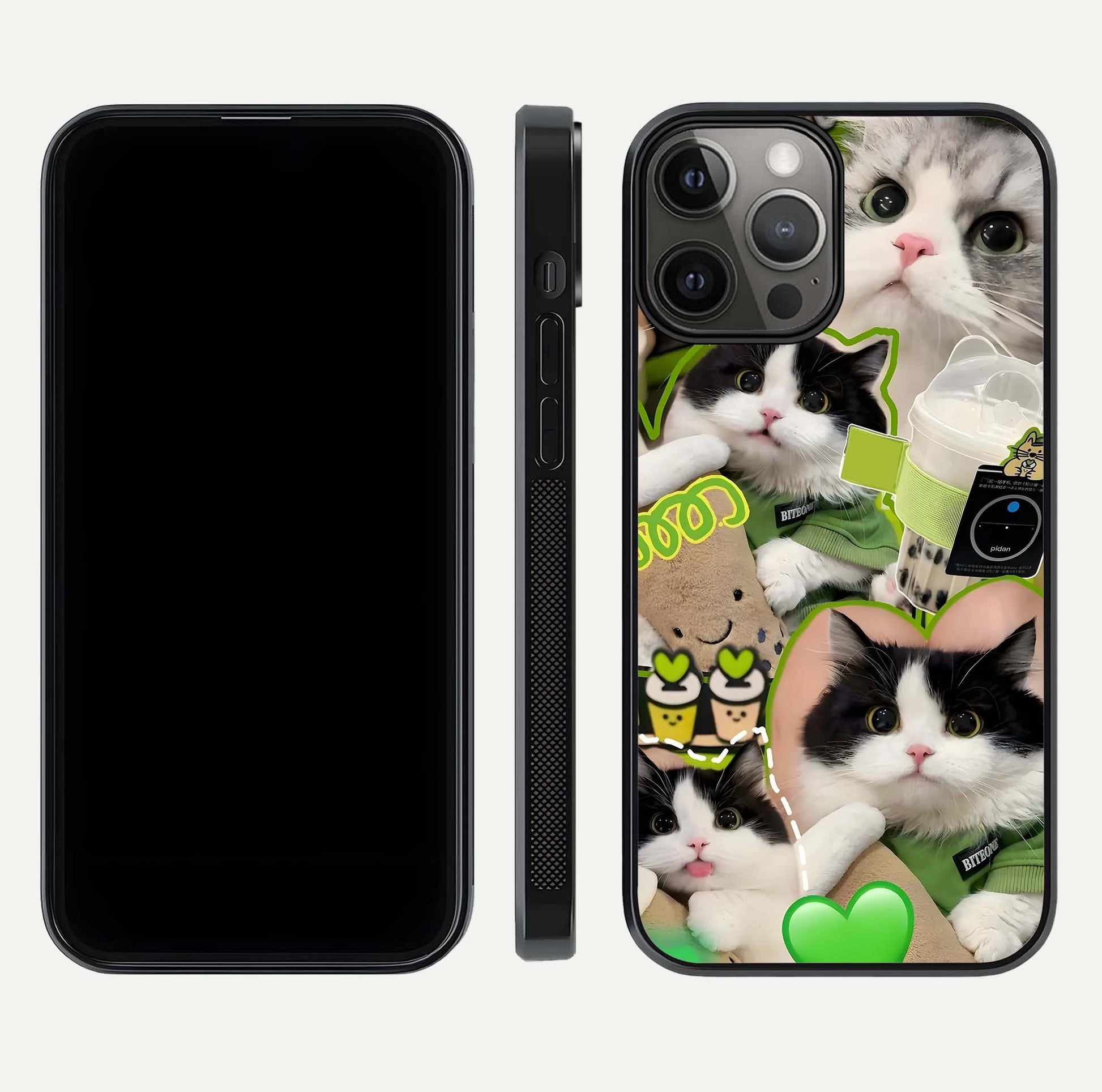 Matcha Cats Mood Glass Case for iPhone 12 Pro Max front & back layout highlighting cute theme and smooth edges