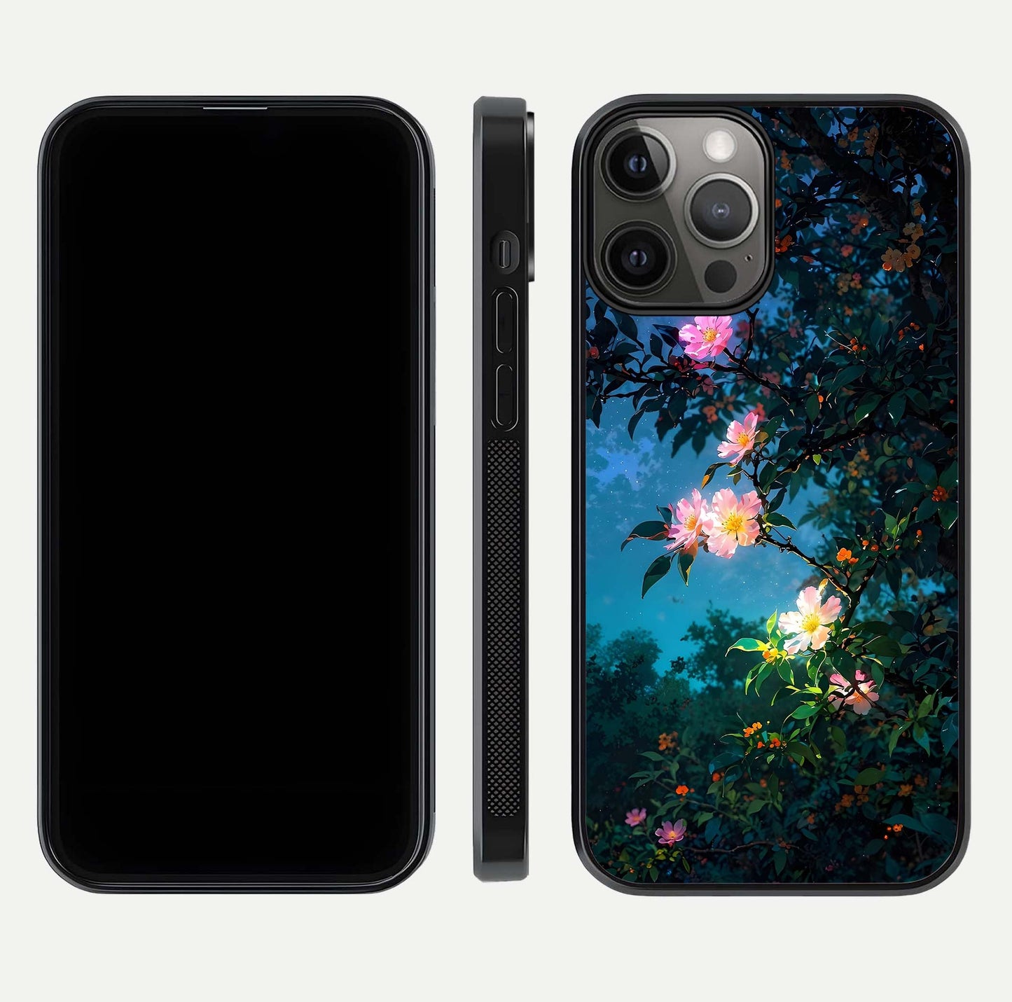 Midnight Bloom Glow Glass Case for iPhone 12 Pro Max front & back layout highlighting moody tones and smooth finish
