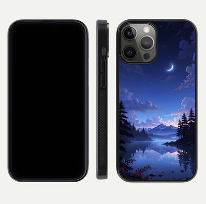 Midnight Lake Peace Glass Case for iPhone 12 Pro Max front & back layout highlighting calm design and curved edges