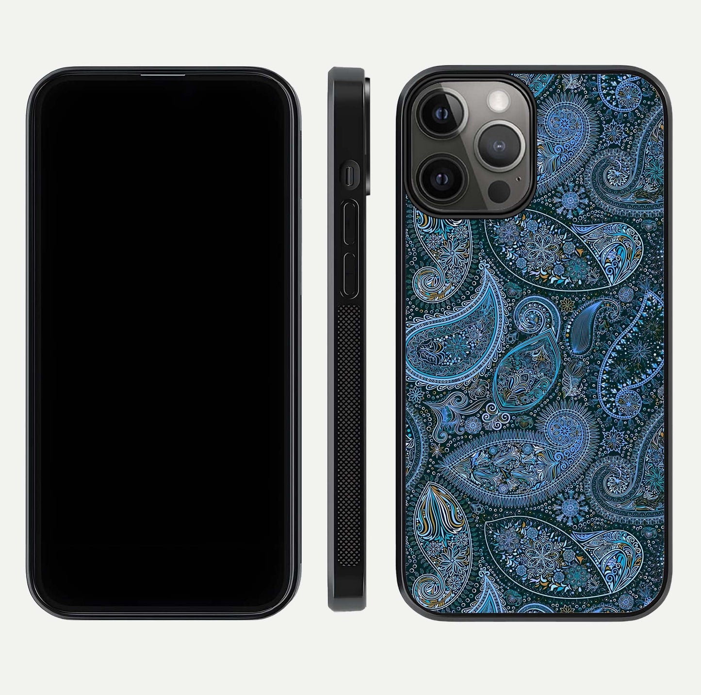 Midnight Paisley Glow Glass Case for iPhone 12 Pro Max front & back layout highlighting elegant edge finish