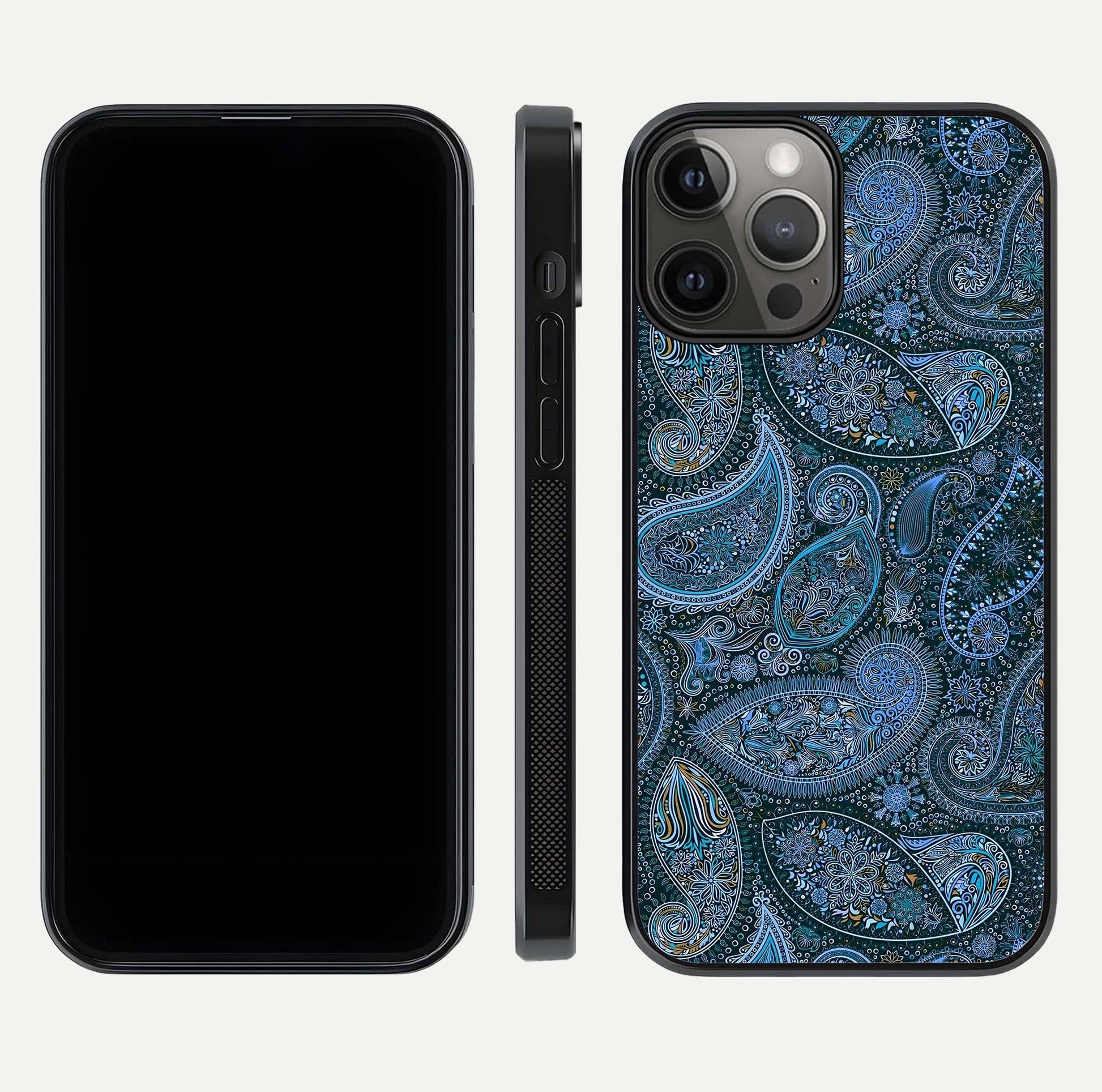 Midnight Paisley Glow Glass Case for iPhone 12 Pro Max front & back layout highlighting elegant edge finish