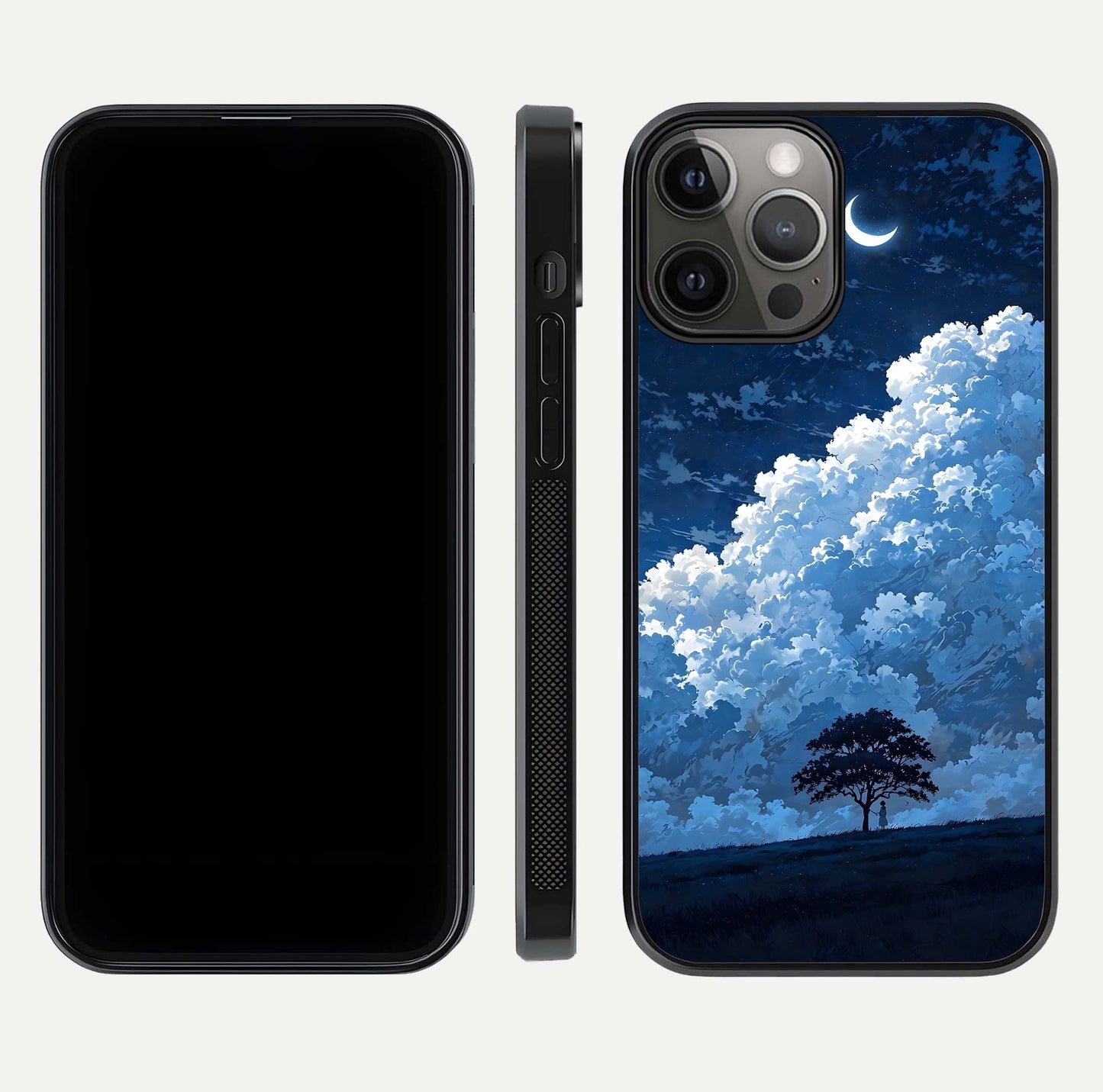Midnight Sky Serenity Glass Case for iPhone 12 Pro Max front & back layout highlighting celestial art and curves