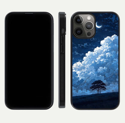 Midnight Sky Serenity Glass Case for iPhone 12 Pro Max front & back layout highlighting celestial art and curves