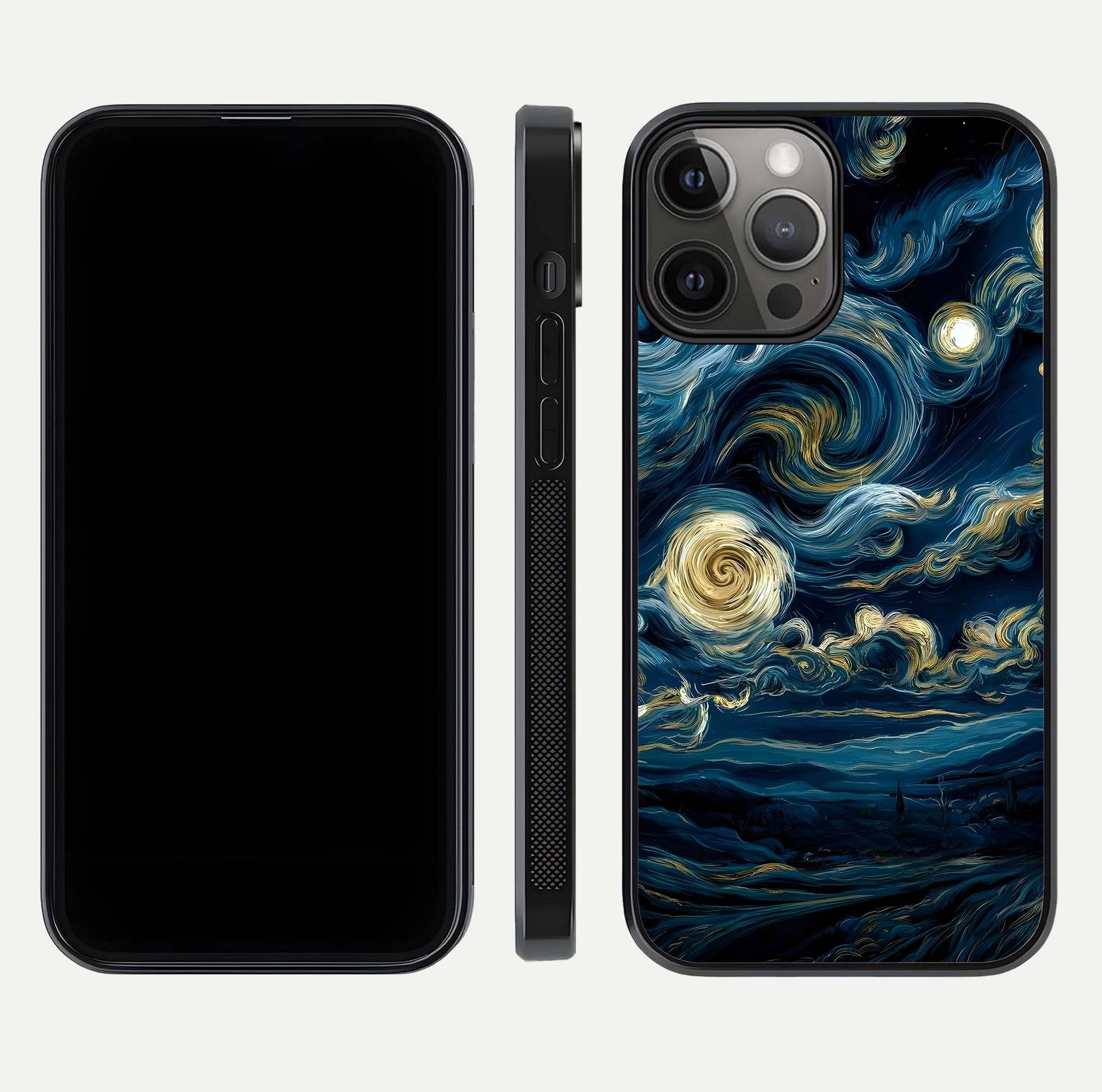 Midnight Sky Whirl Glass Case for iPhone 12 Pro Max front & back layout highlighting celestial movement art