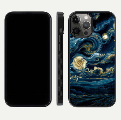 Midnight Sky Whirl Glass Case for iPhone 12 Pro Max front & back layout highlighting celestial movement art
