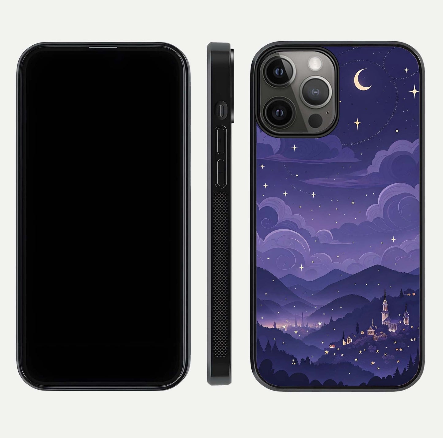 Minimal Night View Glass Case for iPhone 12 Pro Max front & back layout highlighting minimal night vibe and curves