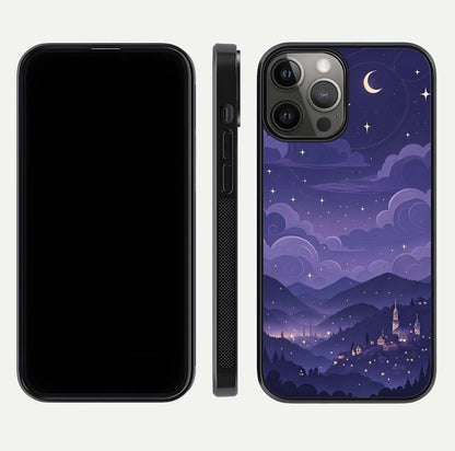 Minimal Night View Glass Case for iPhone 12 Pro Max front & back layout highlighting minimal night vibe and curves