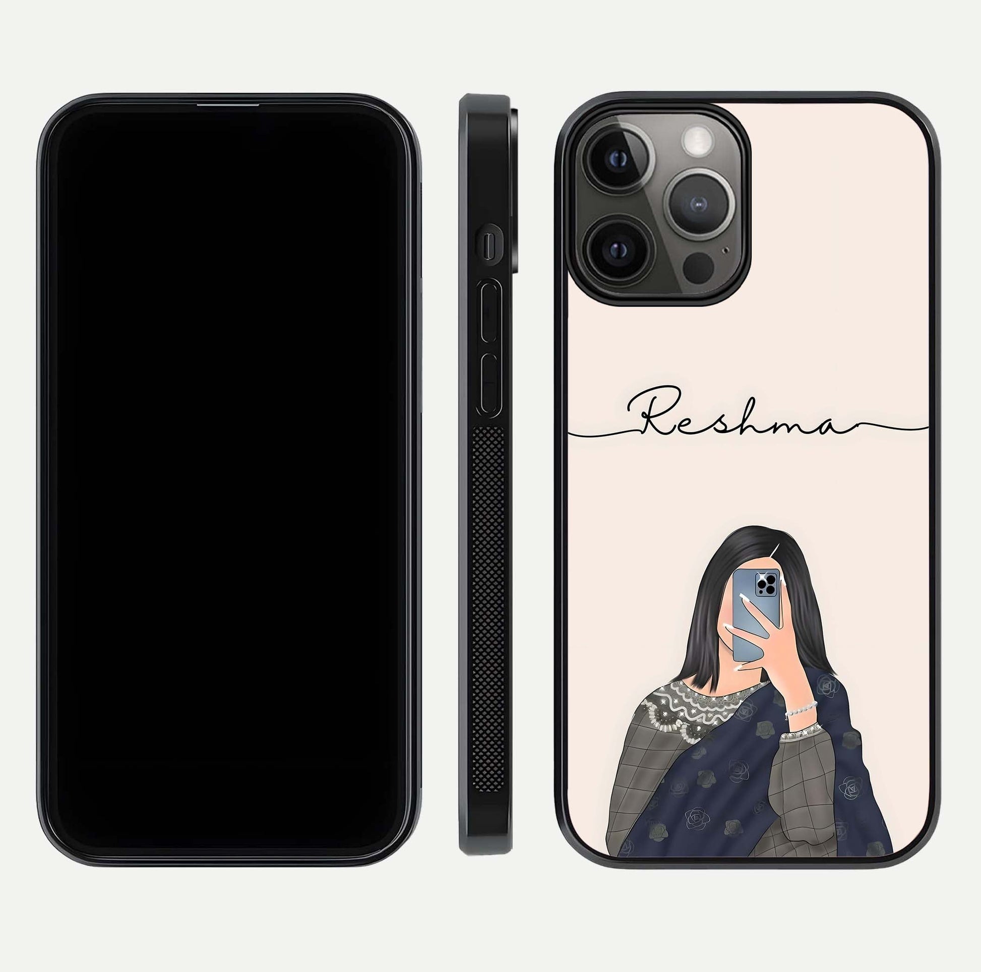 Mirror Mood Muse Custom Name Glass Case for iPhone 12 Pro Max front & back layout showing personalized name placement