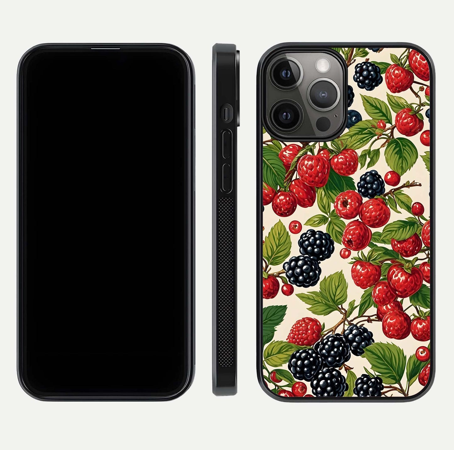Mixed Berry Collage Glass Case for iPhone 12 Pro Max front & back layout highlighting colorful art and curved edges