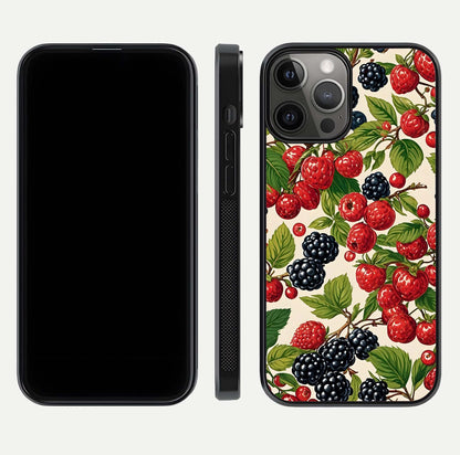 Mixed Berry Collage Glass Case for iPhone 12 Pro Max front & back layout highlighting colorful art and curved edges