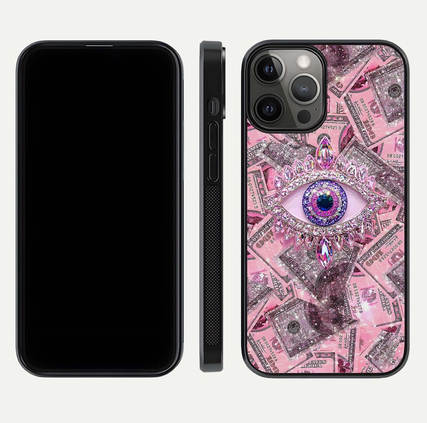 Money Eye Luxe Glass Case for iPhone 12 Pro Max front & back layout highlighting luxury edge design and bold art