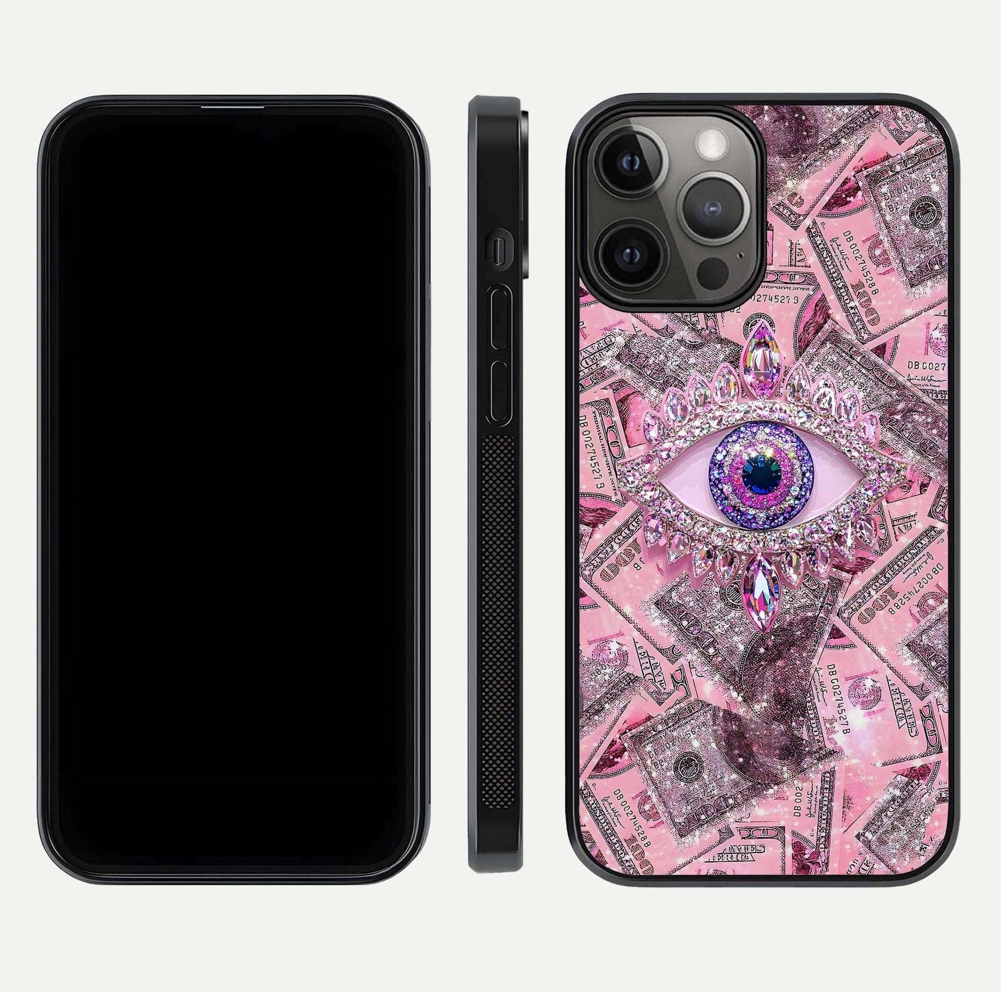 Money Eye Luxe Glass Case for iPhone 12 Pro Max front & back layout highlighting luxury edge design and bold art