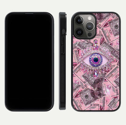 Money Eye Luxe Glass Case for iPhone 12 Pro Max front & back layout highlighting luxury edge design and bold art