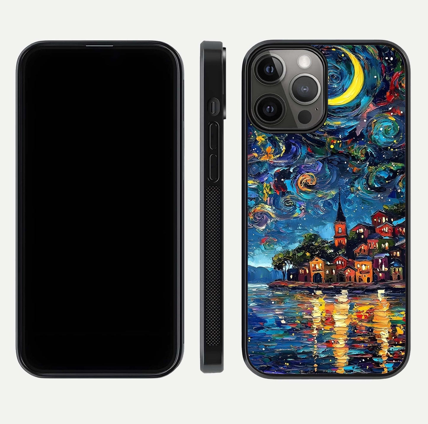Moonlight Harbor Glow Glass Case for iPhone 12 Pro Max front & back layout highlighting calm harbor tones