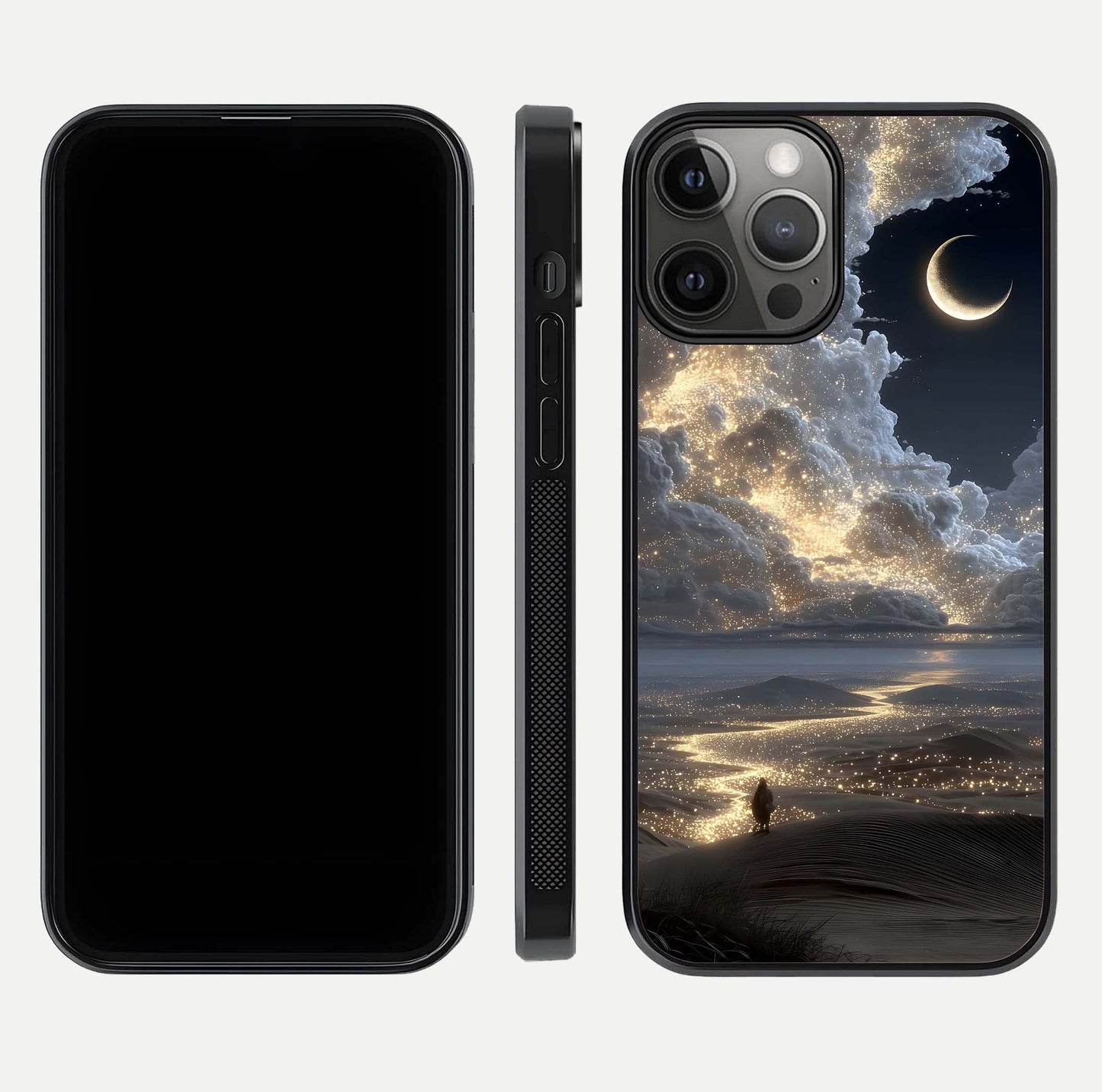 Moonlight Spark Path Glass Case for iPhone 12 Pro Max front & back layout highlighting calm tones and sleek edges