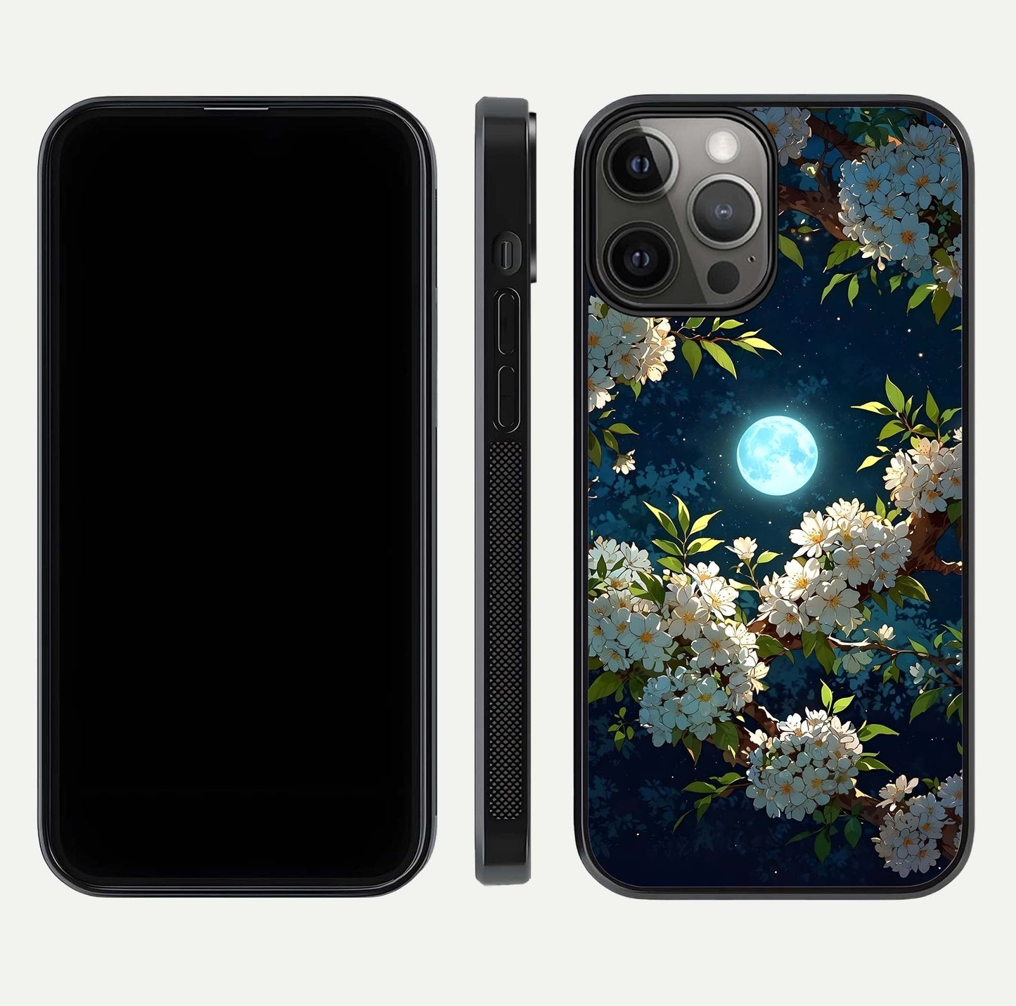 Moonlit Blossom Dream Glass Case for iPhone 12 Pro Max front & back layout highlighting moonlit tones and edges