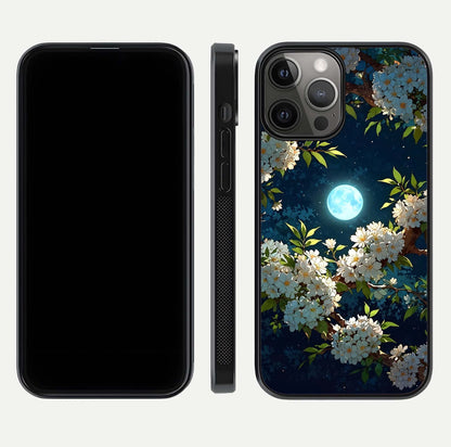 Moonlit Blossom Dream Glass Case for iPhone 12 Pro Max front & back layout highlighting moonlit tones and edges