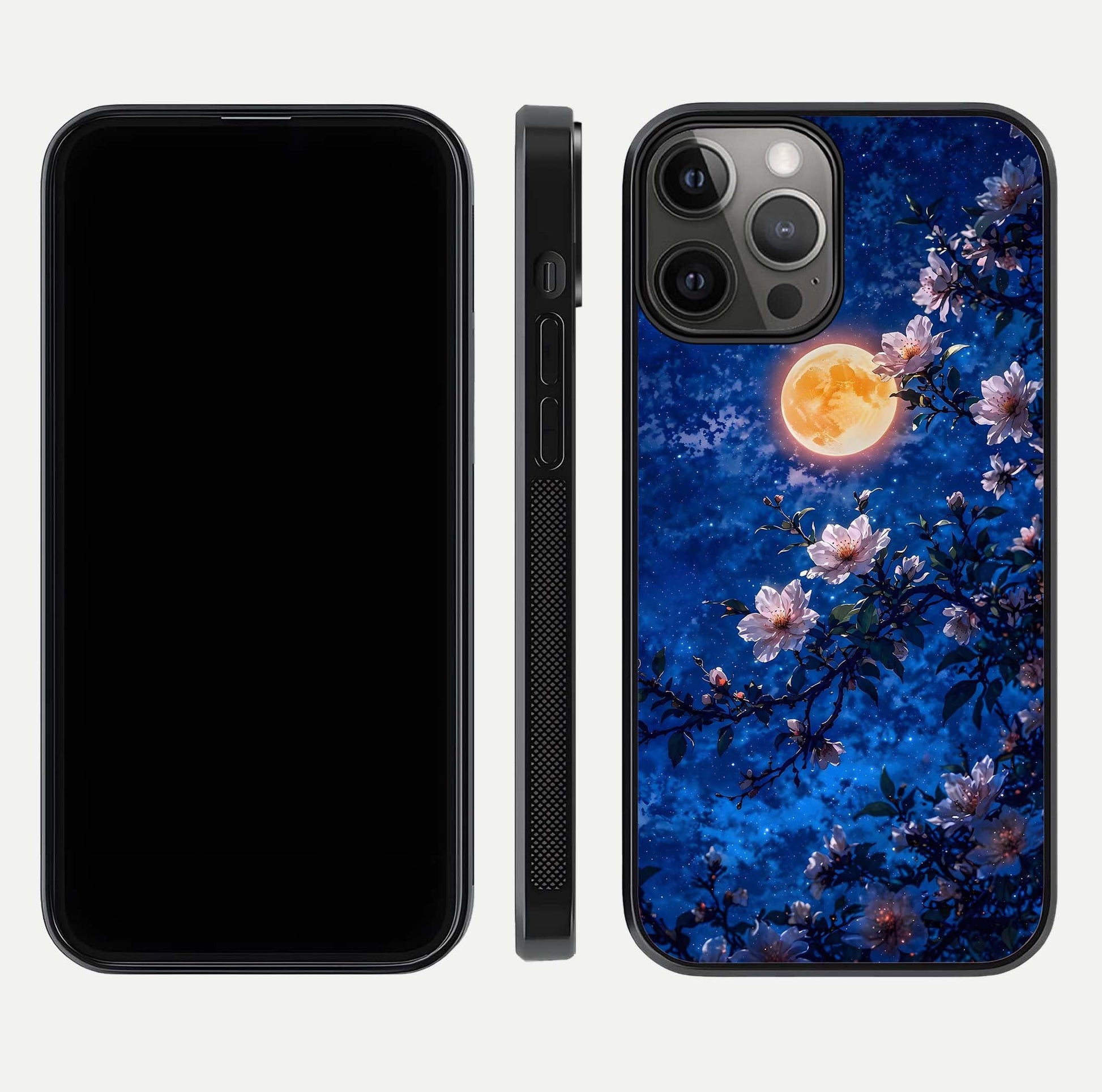 Moonlit Blossoms Night Glass Case for iPhone 12 Pro Max front & back layout highlighting moonlit tones and curved edges
