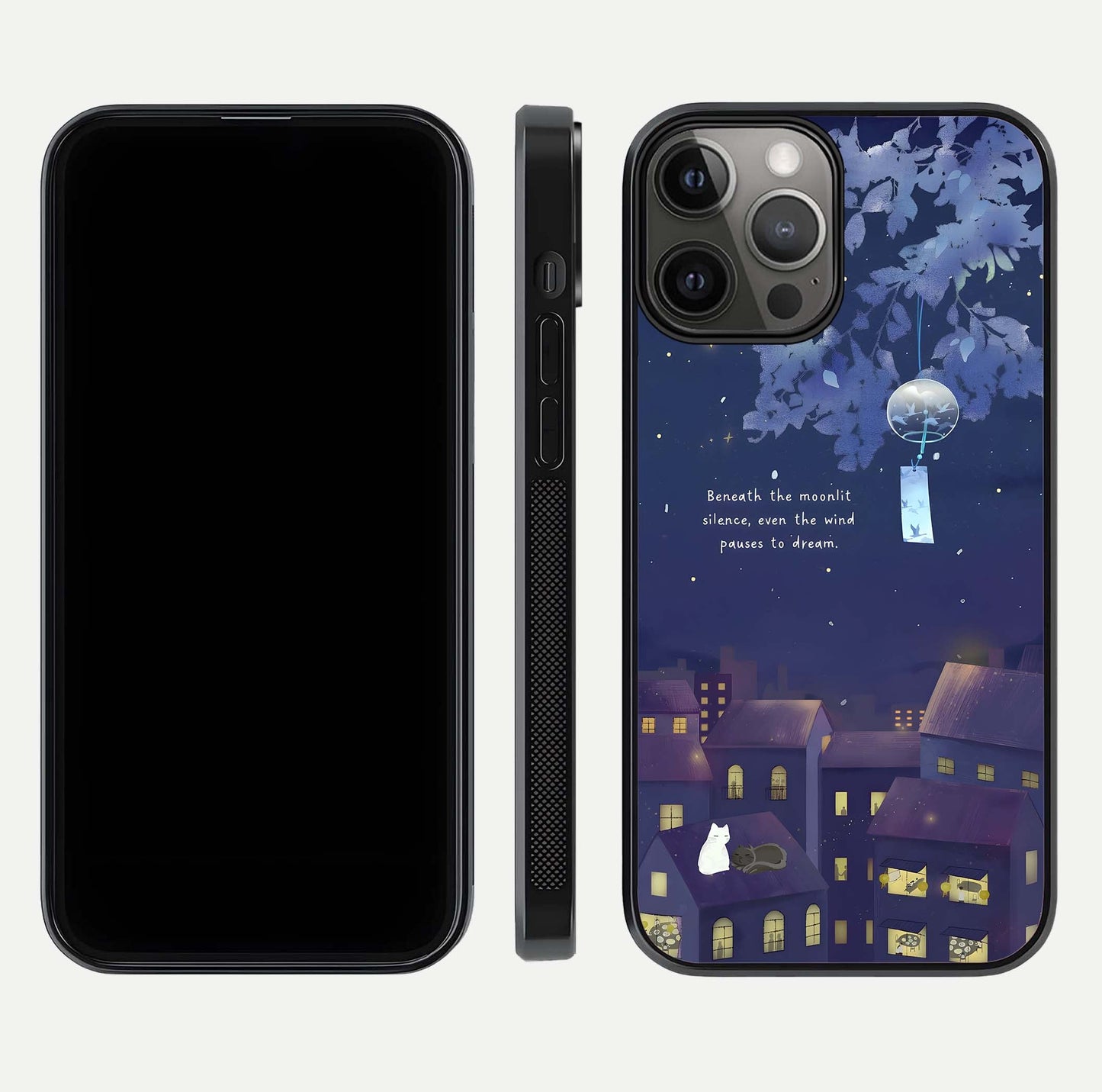 Moonlit Cat Silence Glass Case for iPhone 12 Pro Max front & back layout highlighting calm tones and edge detail