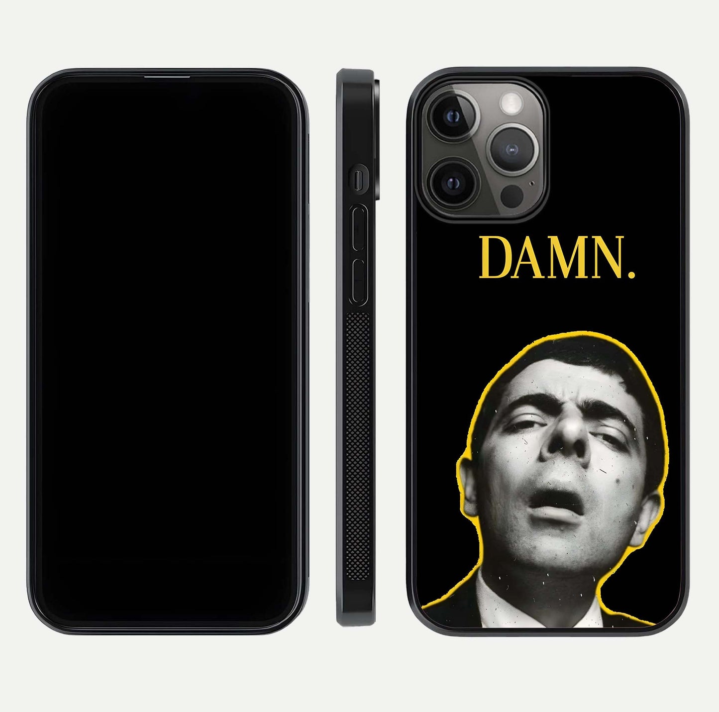 Mr Bean Damn Glass Case for iPhone 12 Pro Max front & back layout displaying fun artwork and curved smooth edges