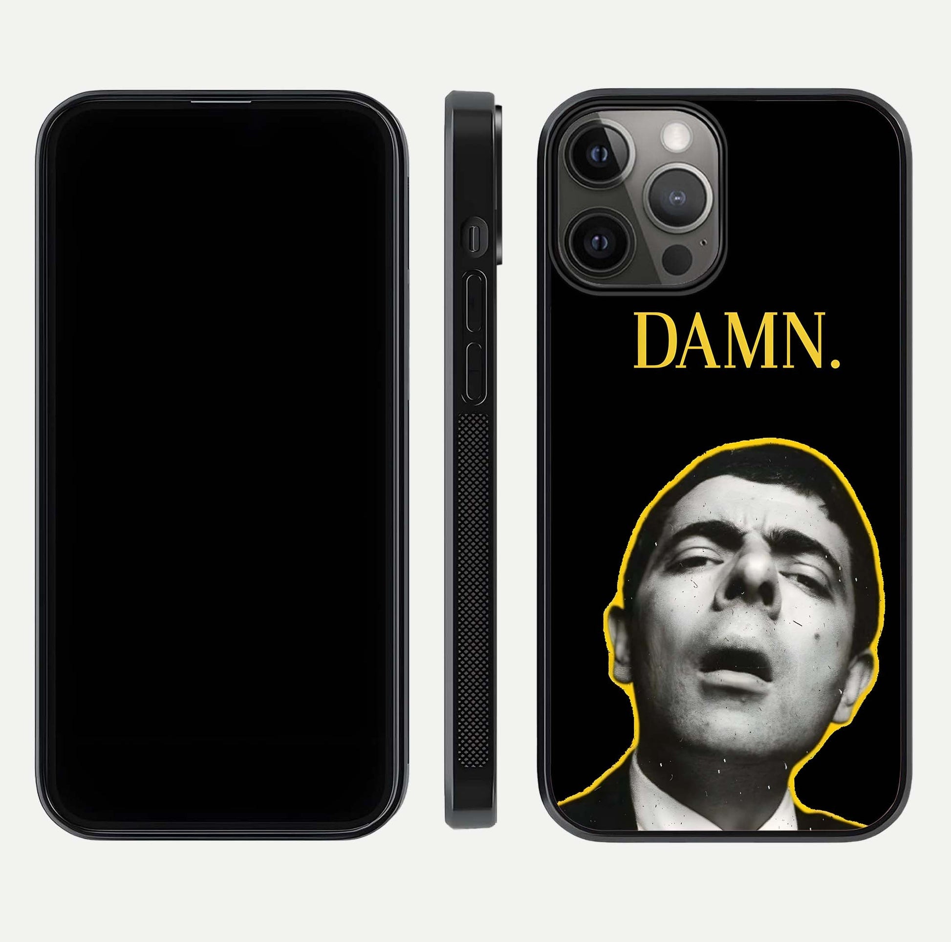 Mr Bean Damn Glass Case for iPhone 12 Pro Max front & back layout displaying fun artwork and curved smooth edges
