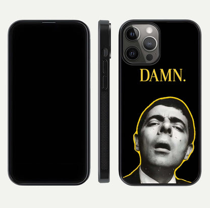 Mr Bean Damn Glass Case for iPhone 12 Pro Max front & back layout displaying fun artwork and curved smooth edges