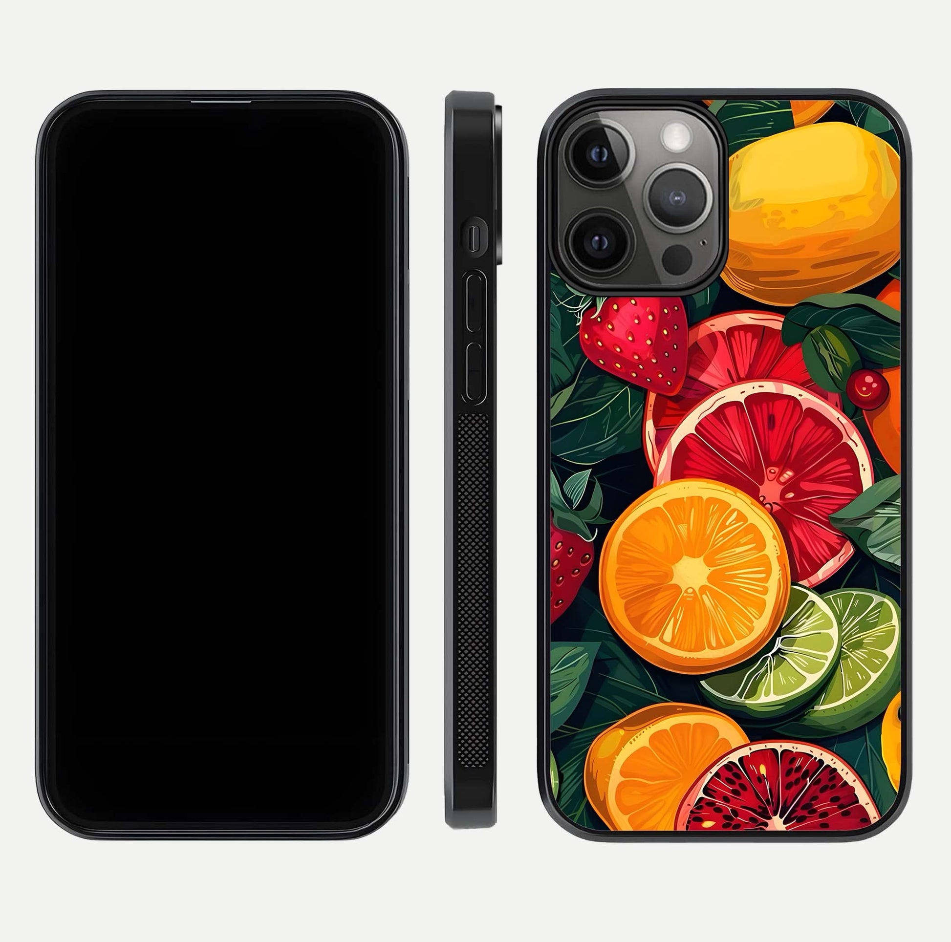 Multiple Fruits Glass Case for iPhone 12 Pro Max front & back layout highlighting vibrant tones and curved edges