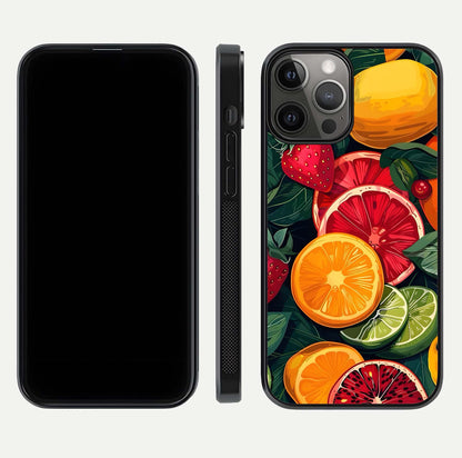Multiple Fruits Glass Case for iPhone 12 Pro Max front & back layout highlighting vibrant tones and curved edges