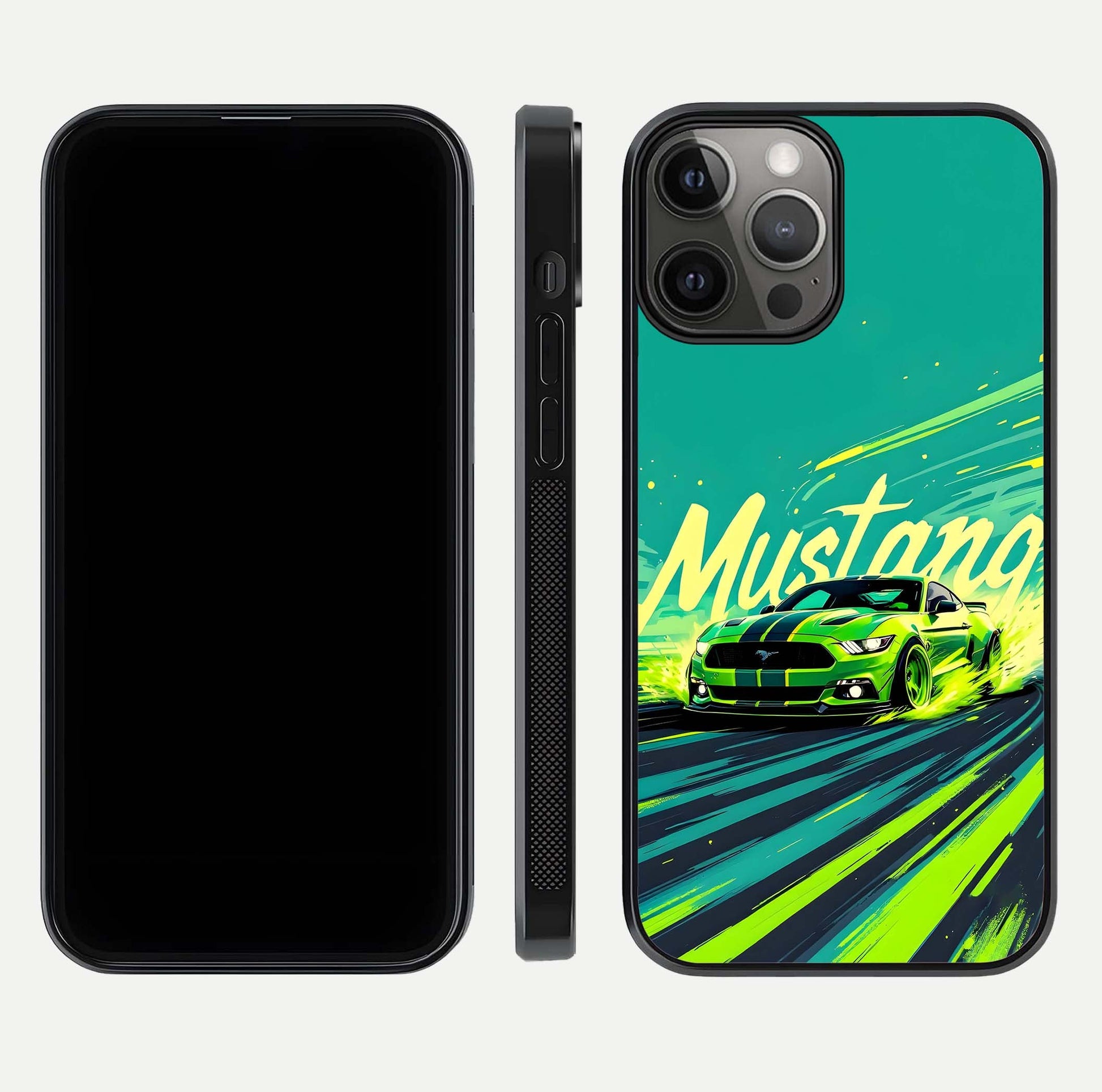 Mustang Bang Glass Case for iPhone 12 Pro Max front & back layout highlighting dark automotive tones and edge detail