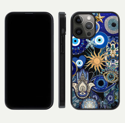 Mystic Blue Evil Eye Glass Case for iPhone 12 Pro Max front & back layout showing elegant tones and edge finish