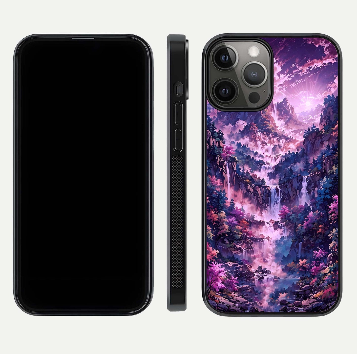Mystic Cascade Peaks Glass Case for iPhone 12 Pro Max front & back layout highlighting HD landscape tones