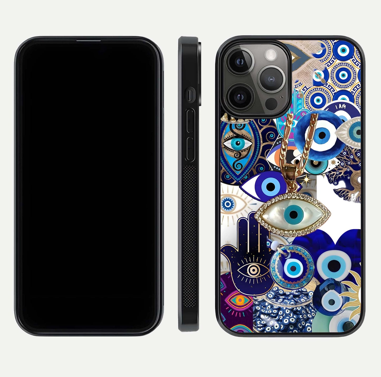 Mystic Charm Eye Glass Case for iPhone 12 Pro Max front & back layout highlighting spiritual design and edges