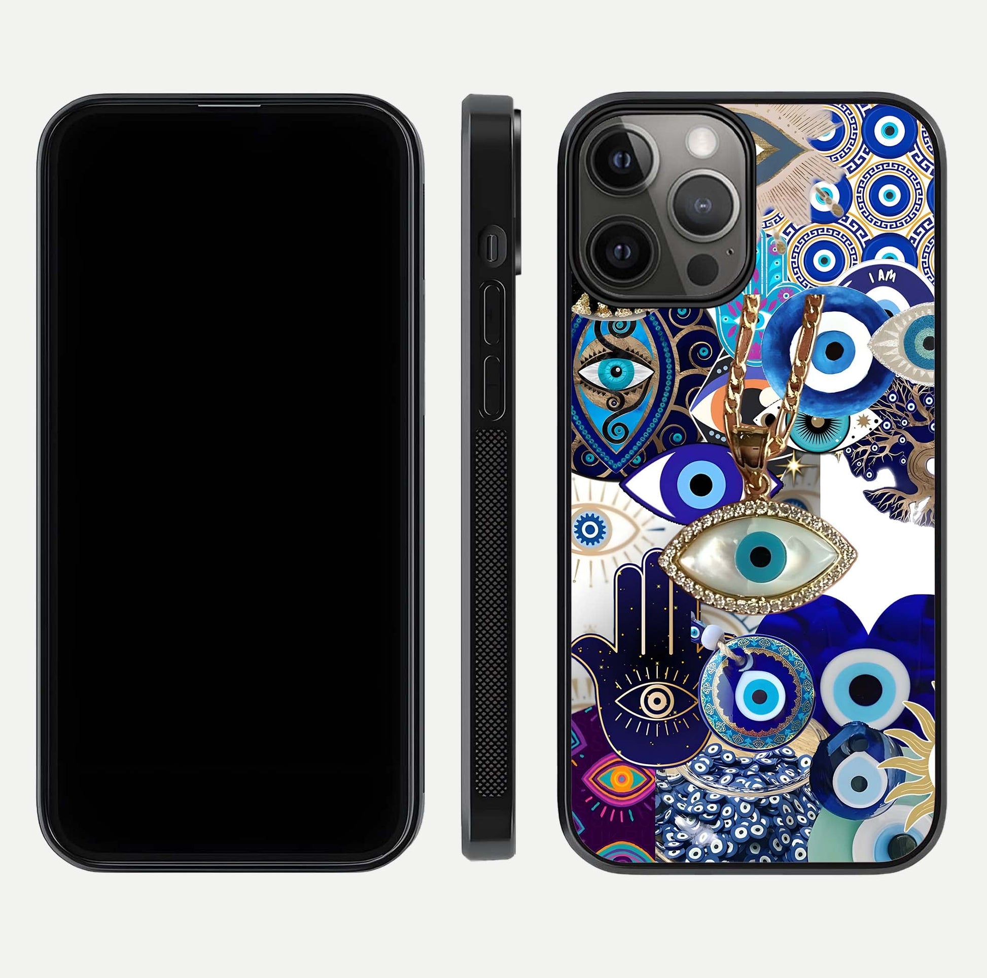 Mystic Charm Eye Glass Case for iPhone 12 Pro Max front & back layout highlighting spiritual design and edges