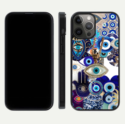 Mystic Charm Eye Glass Case for iPhone 12 Pro Max front & back layout highlighting spiritual design and edges