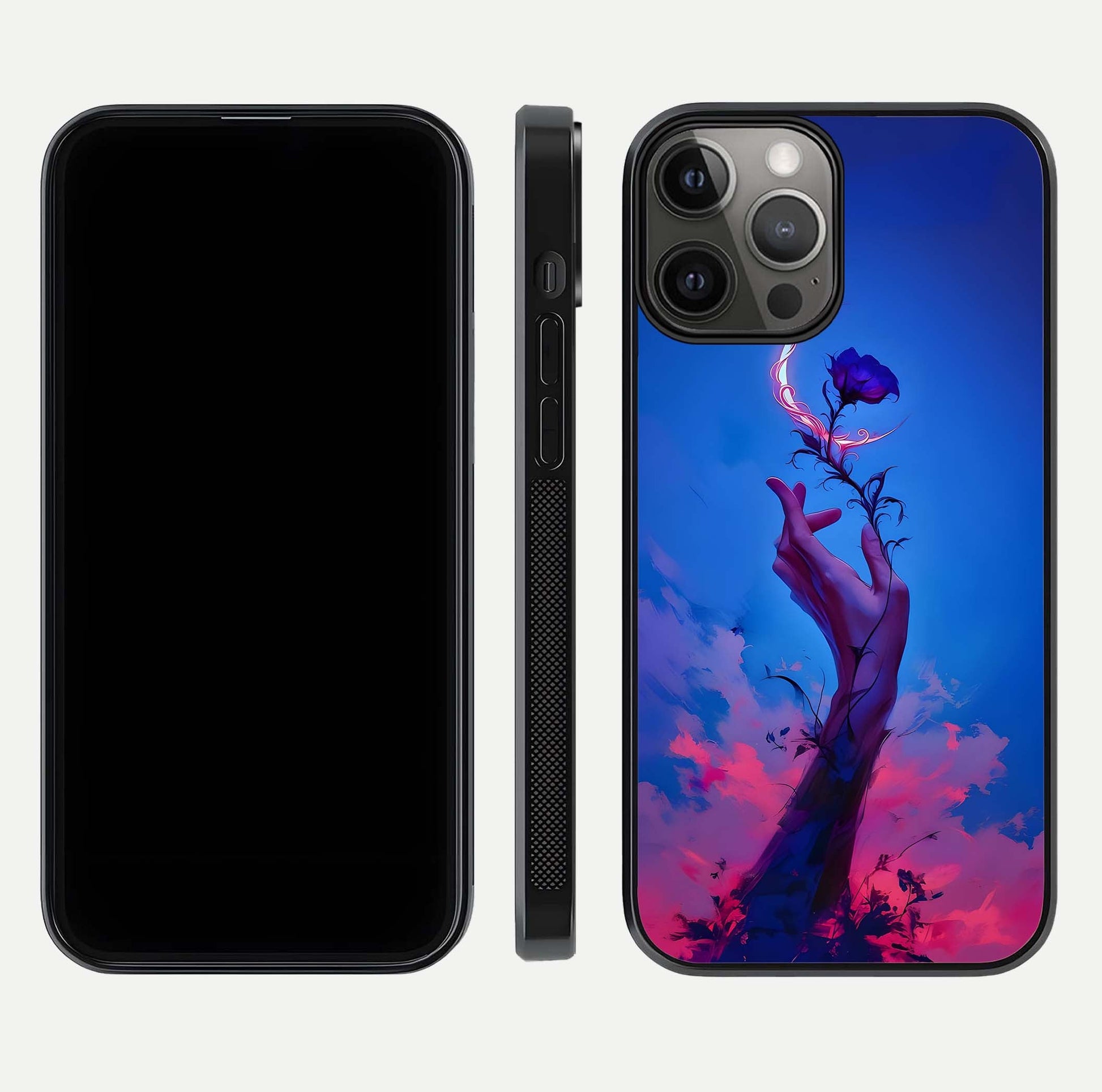 Mystic Hand Glass Case for iPhone 12 Pro Max front & back layout highlighting mystic design and smooth edges