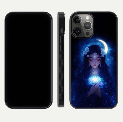 Mystic Moon Queen Glass Case for iPhone 12 Pro Max front & back layout highlighting divine illustration and edges