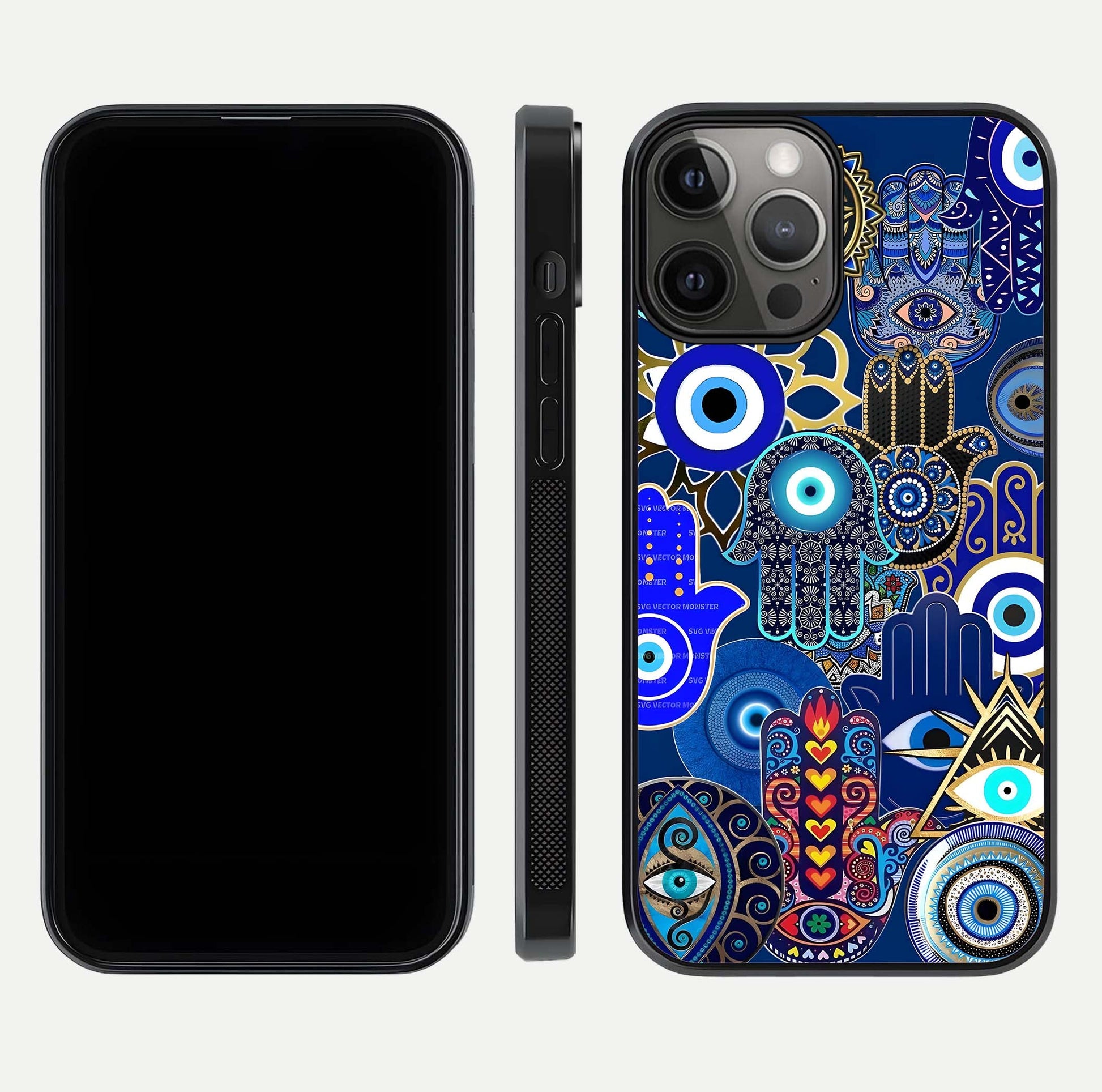 Mystic Palm Guard Glass Case for iPhone 12 Pro Max front & back layout highlighting spiritual art and edge finish