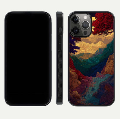 Mystic Valley Light Glass Case for iPhone 12 Pro Max front & back layout displaying landscape tones and edges