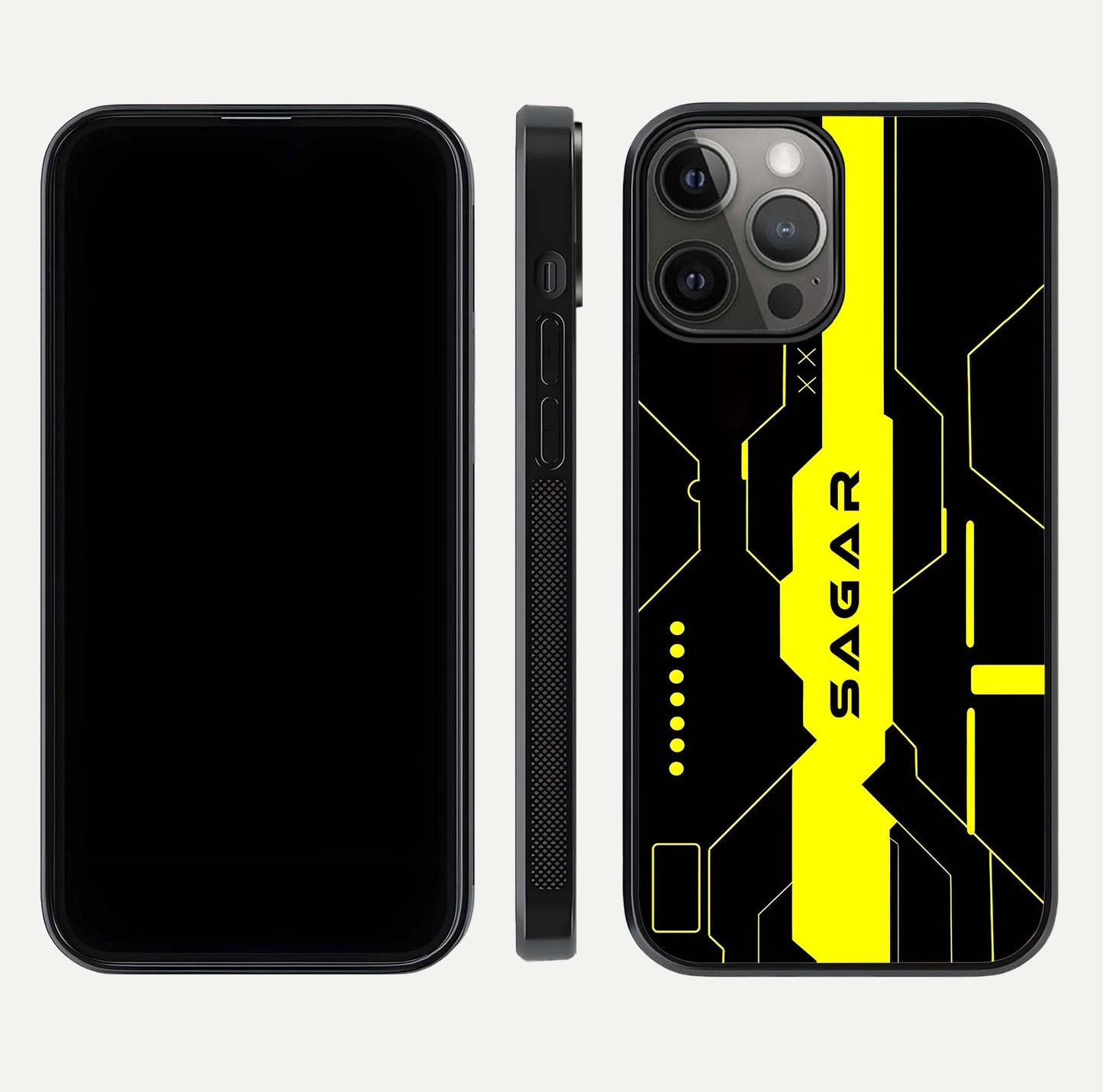 Neon CYBERPUNK Custom Name Glass Case for iPhone 12 Pro Max front & back layout showing tech art and custom edge