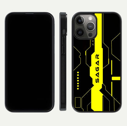 Neon CYBERPUNK Custom Name Glass Case for iPhone 12 Pro Max front & back layout showing tech art and custom edge