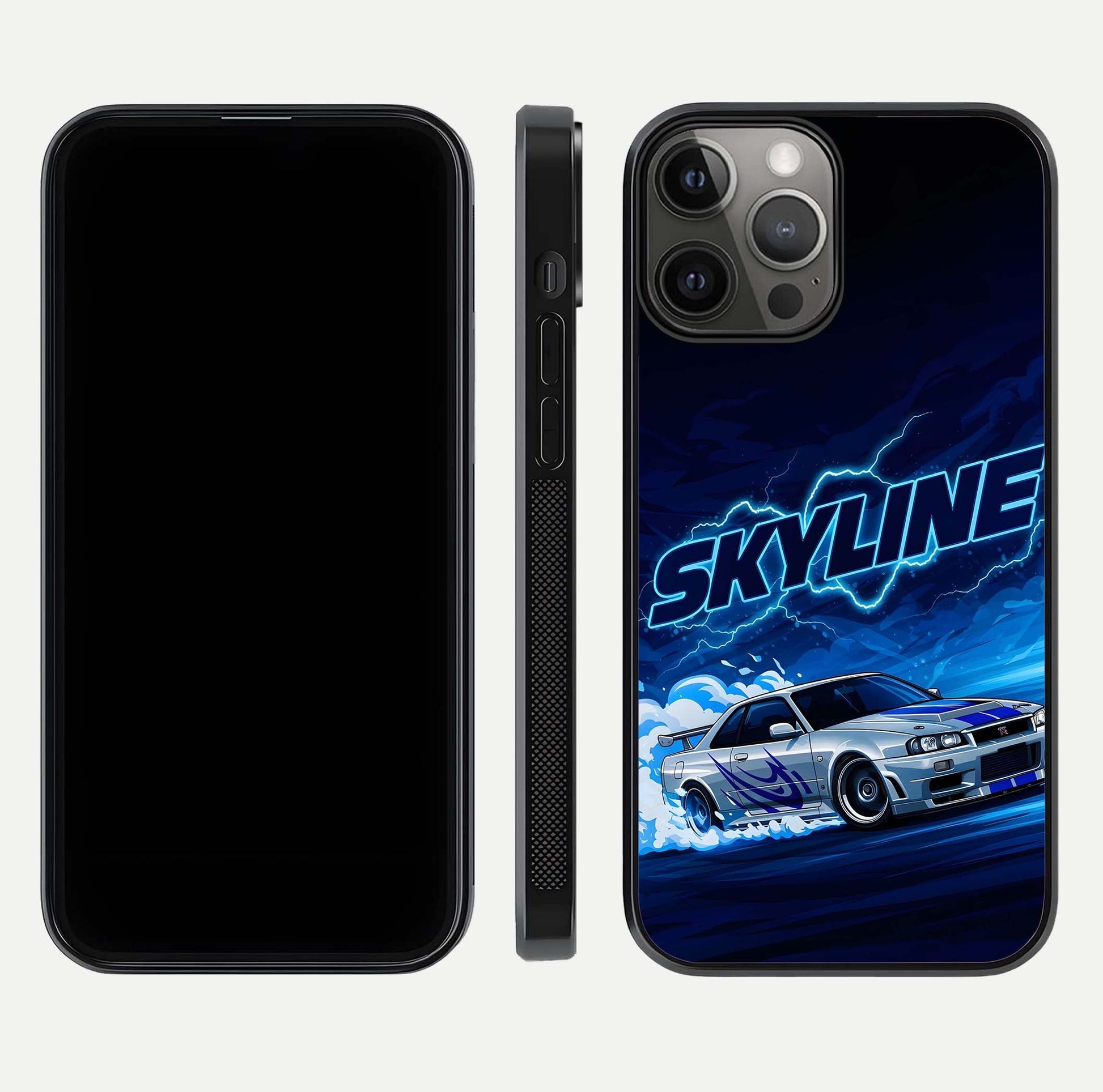 Neon Drift Beast Glass Case for iPhone 12 Pro Max front & back layout showing car silhouette and edge design