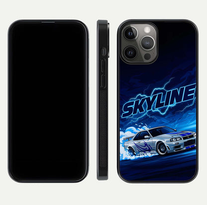 Neon Drift Beast Glass Case for iPhone 12 Pro Max front & back layout showing car silhouette and edge design