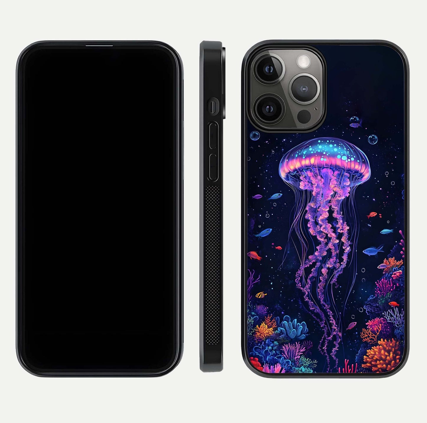 Neon Jellyfish Glass Case for iPhone 12 Pro Max front & back layout highlighting HD marine art and curved edges