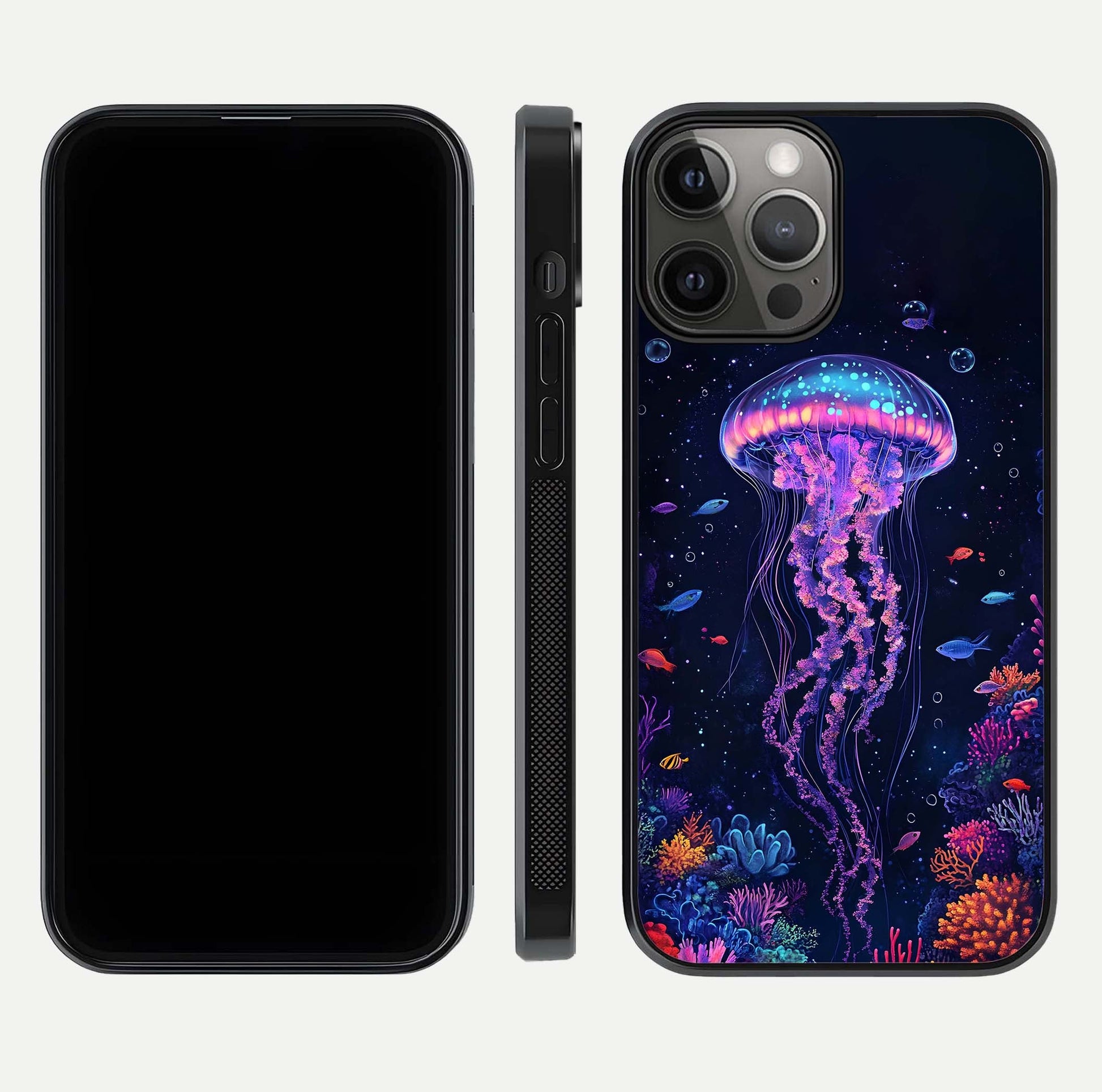Neon Jellyfish Glass Case for iPhone 12 Pro Max front & back layout highlighting HD marine art and curved edges