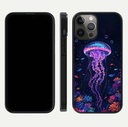 Neon Jellyfish Glass Case for iPhone 12 Pro Max front & back layout highlighting HD marine art and curved edges