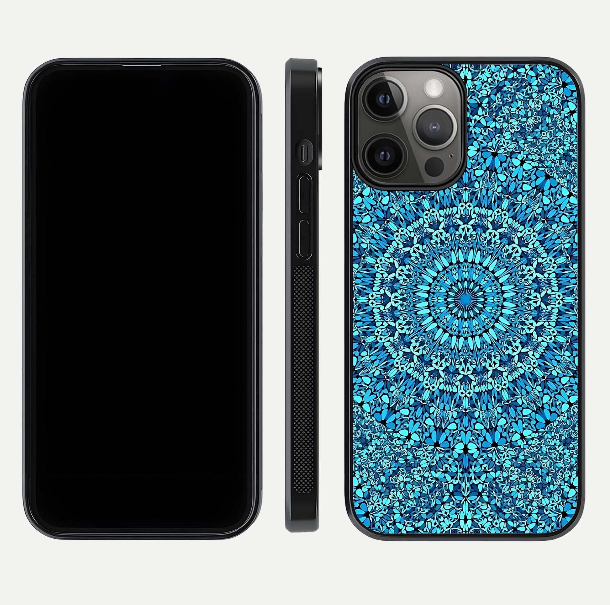 Ocean Bloom Mandala Glass Case for iPhone 12 Pro Max front & back layout showing ocean tone design and edges